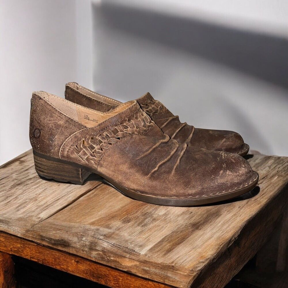 BORN 9.5 Katharina Brown Distressed Braided Leather Ruched Ankle Booties Boots